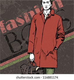 Stylish dude with bag  on a grunge background. Vector illustration.