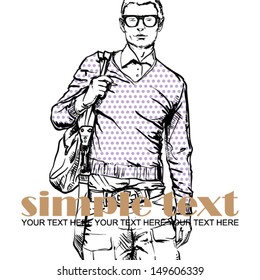 Stylish dude with bag  on a grunge background. Vector illustration.