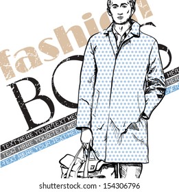 Stylish dude with bag  on a grunge background. Vector illustration.
