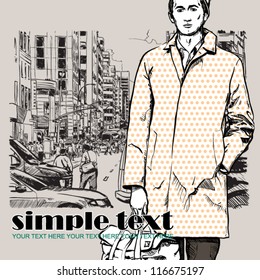 Stylish dude with bag  on a street-background. Vector illustration.