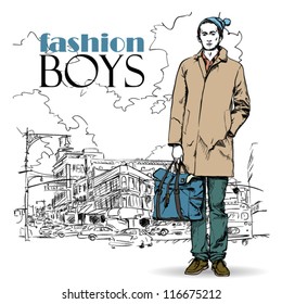 Stylish dude with bag  on a street-background. Vector illustration.