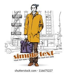 Stylish dude with bag  on a street-background. Vector illustration.