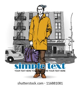 Stylish dude with bag  on a street-background. Vector illustration.