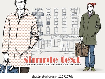 Stylish dude with bag  on a street-background. Vector illustration.