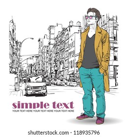 Stylish dude with bag  on a street-background. Vector illustration.