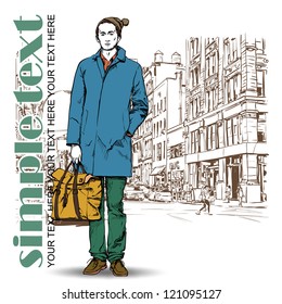 Stylish dude with bag  on a street-background. Vector illustration.