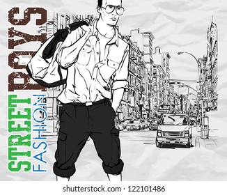 Stylish dude with bag  on a street-background. Vector illustration.