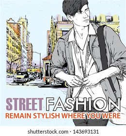 Stylish dude with bag  on a street-background. Vector illustration.
