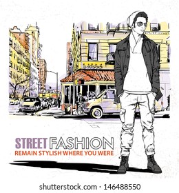 Stylish dude with bag  on a street-background. Vector illustration.