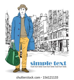 Stylish dude with bag  on a street-background. Vector illustration.