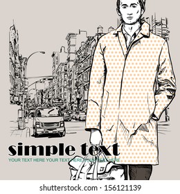 Stylish dude with bag  on a street-background. Vector illustration.