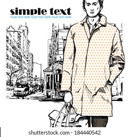 Stylish dude with bag  on a street-background. Vector illustration.
