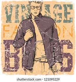 Stylish dude on a grunge background. Vector illustration.
