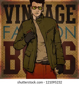 Stylish dude on a grunge background. Vector illustration.