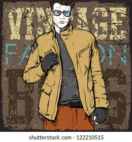 Stylish dude on a grunge background. Vector illustration.