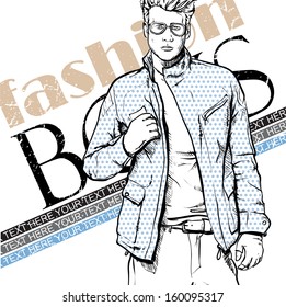 Stylish dude on a grunge background. Vector illustration.