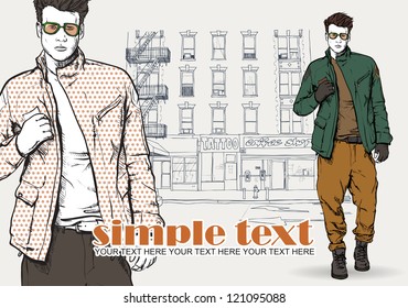 Stylish dude  on a street-background. Vector illustration.