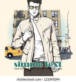 Stylish dude  on a street-background. Vector illustration.