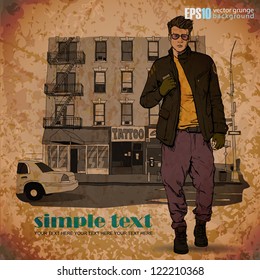 Stylish dude on a street-background. Vector illustration.
