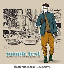 Stylish dude  on a street-background. Vector illustration.