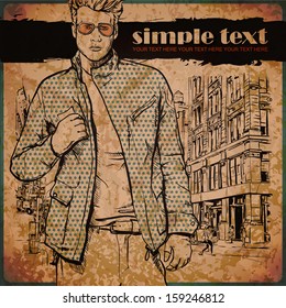 Stylish dude  on a street-background. Vector illustration.