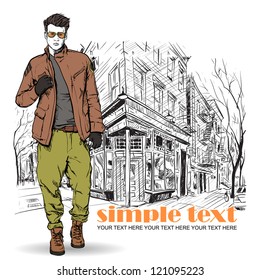 Stylish dude  on a street-cafe background. Vector illustration.