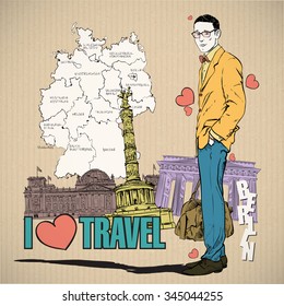 Stylish dude in sketch-style on a germany background. Vector illustration