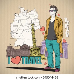 Stylish dude in sketch-style on a germany background. Vector illustration