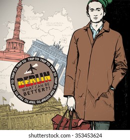 Stylish dude in sketch-style on a germany background. Vector illustration