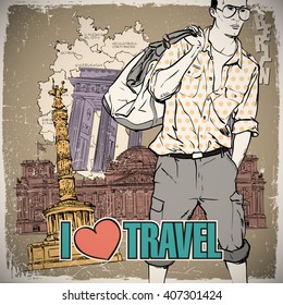 Stylish dude in sketch-style on a germany background. Vector illustration