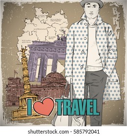 Stylish dude in sketch-style on a germany background. Vector illustration