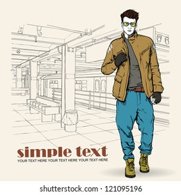 Stylish dude at subway station.  Place for your text. Vector illustration