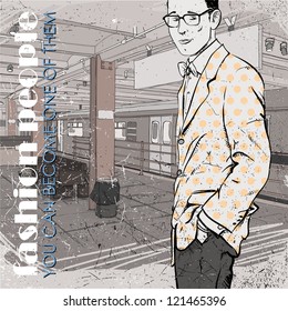 Stylish dude at subway station.  Vector illustration