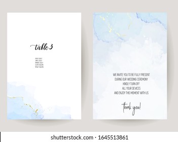 Stylish dusty blue liquid ink vector design cards. Set of brush painted art cards. Winter wedding invitation. Snow or ice cold texture. Watercolor splash style. All elements are isolated and editable