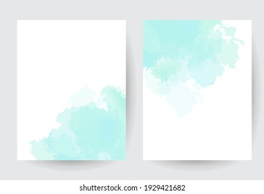 Stylish dusty cyan liquid ink vector design cards. Set of brush painted art cards. Winter wedding invitation. Snow or ice cold texture. Watercolor splash style. All elements are isolated and editable