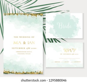 Stylish dusty emerald watercolor and gold glitter vector design cards. Golden art foil frames. Tropical elegant wedding invitations. Splash texture. Boho style. All elements are isolated and editable