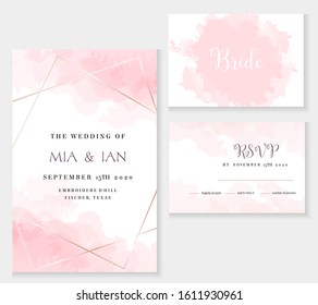 Stylish dusty pink and gold geometric vector design cards. Set of golden line art cards. Spring wedding invitation. Sugar cotton texture. Watercolor splash style.All elements are isolated and editable