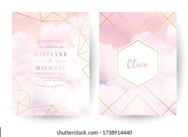 Stylish dusty pink and gold geometric vector design cards. Set of golden line art cards. Spring wedding invitation. Sugar cotton texture. Watercolor splash style.All elements are isolated and editable