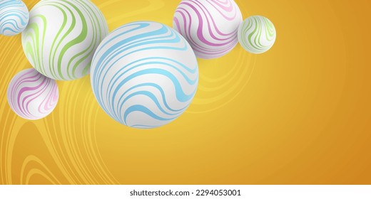 Stylish dynamic 3d bubbles with colorful wavy striped pattern. Abstract flying spheres on orange background for your cover or brochure. Vector illustration. EPS 10
