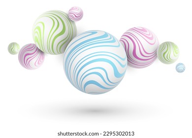 Stylish dynamic 3d bubbles with colorful wavy striped pattern. Levitating spheres on white background. Graphic elements for your peoject. Vector illustration. EPS 10