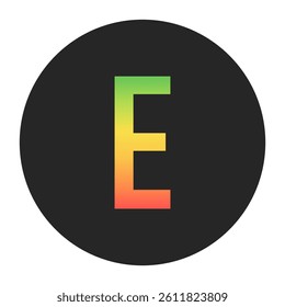 Stylish E Capital letter in gradient hues of green to red inside a solid black circle. Great for modern branding, tech logos, and digital art themes.