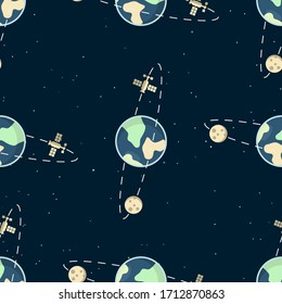 Stylish Earth seamless pattern with Moon, orbit and International Space Station. Illustration, great for wallpper, textile and texture design
