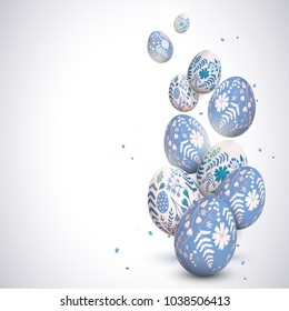 Stylish Easter background with blue and white eggs with floral pattern