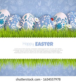 Stylish Easter background. Folk pattern eggs and bunny ears in the grass. Place for your text