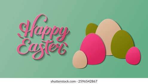 Stylish Easter banner featuring colorful paper cut style eggs and elegant lettering on mint background. Perfect for holiday promotions, greeting cards, and festive decorations. Vector design.