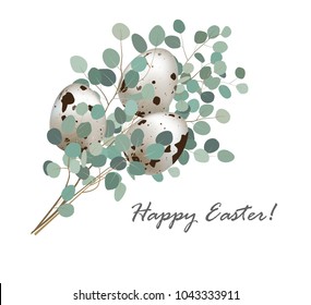 Stylish easter geeting card with quail eggs and eucalyptus bunch. Easter greeting banner, vector