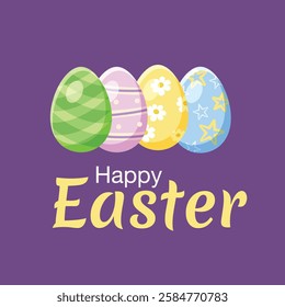 A stylish Easter greeting card design featuring four decorative eggs in green, purple, yellow, and blue on a dark purple background. Ideal for seasonal promotions