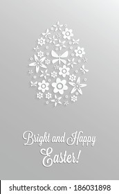 Stylish Easter greeting card with paper flowers and butterflies in an egg shape.