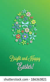 Stylish Easter greeting card with paper flowers and butterflies in an egg shape.