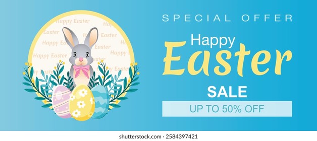 A stylish Easter sale banner featuring a cute bunny, decorated eggs, and floral elements. Ideal for seasonal promotions, holiday discounts, and social media ads.